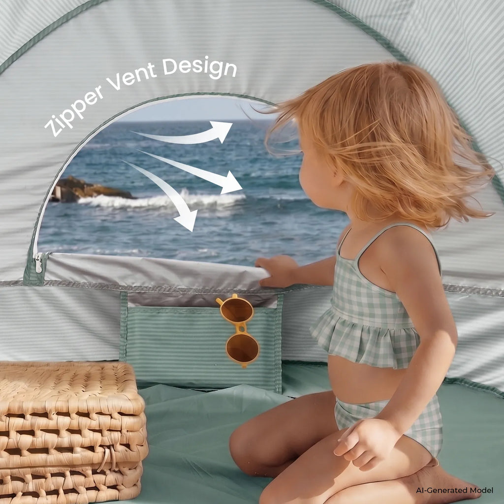 Green striped baby beach tent with zip vent opening and open side panel