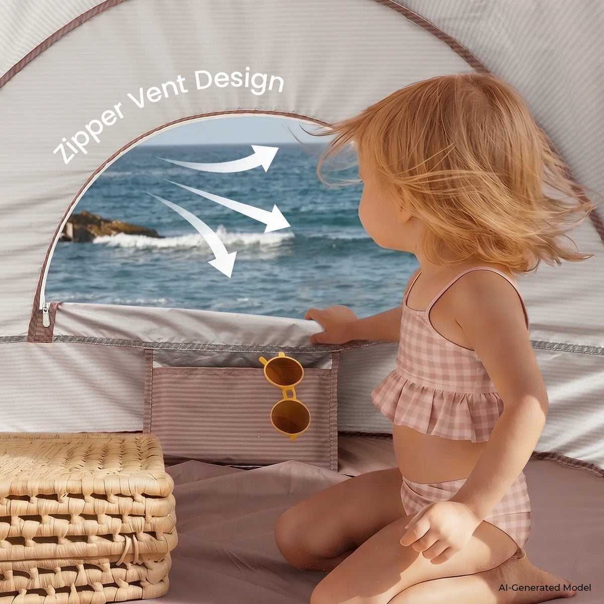 Pink baby beach tent front with mesh panel and zip vent opening