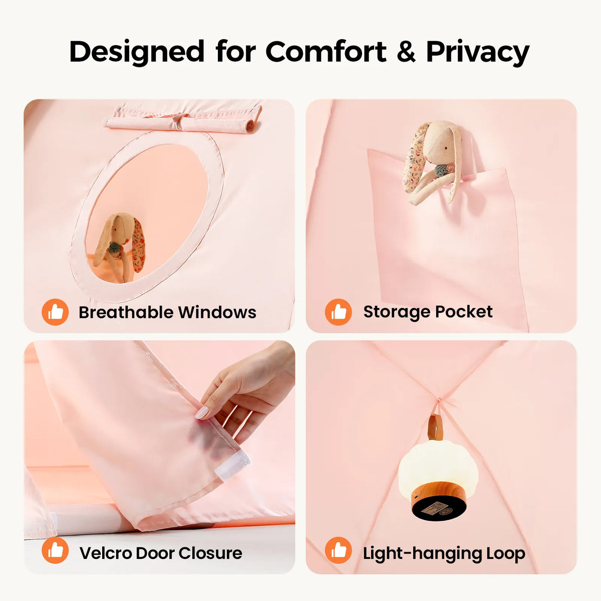 Pink tent features: breathable window, storage pocket, Velcro door, hanging loop
