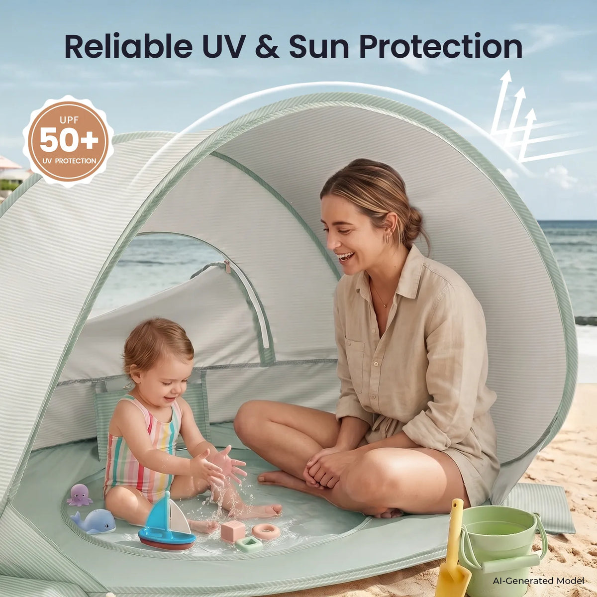Green striped baby beach tent with open front and large curved canopy for sun protection