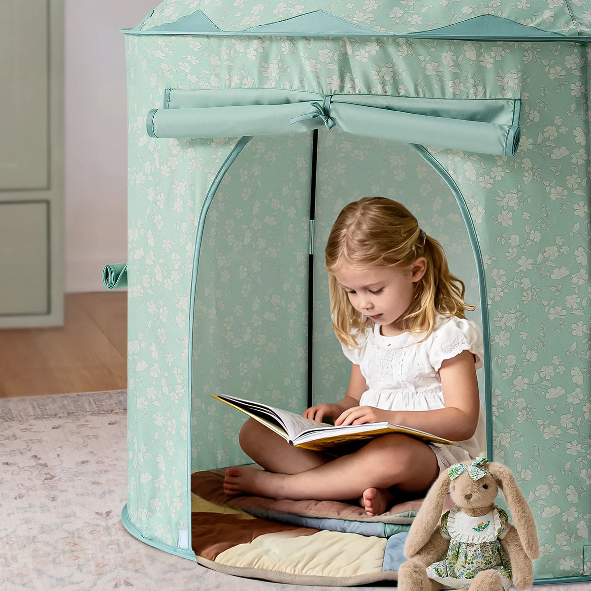 Mint green play tunnel playhouse with zip door, mesh front, and padded floor