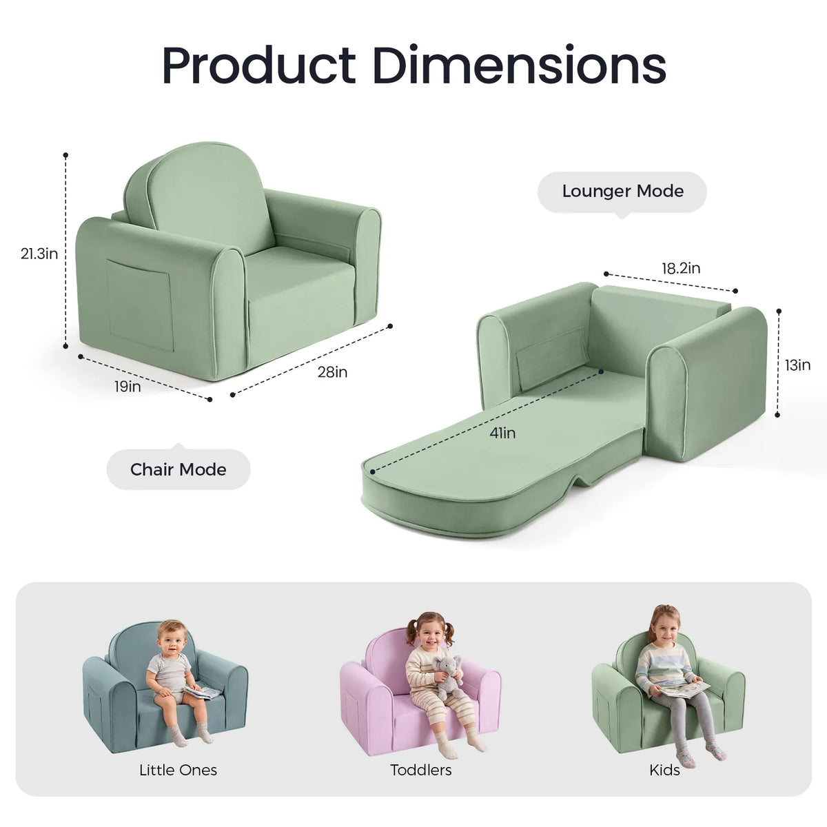 Kids sofa chair in light green with rounded arms and cushioned seat