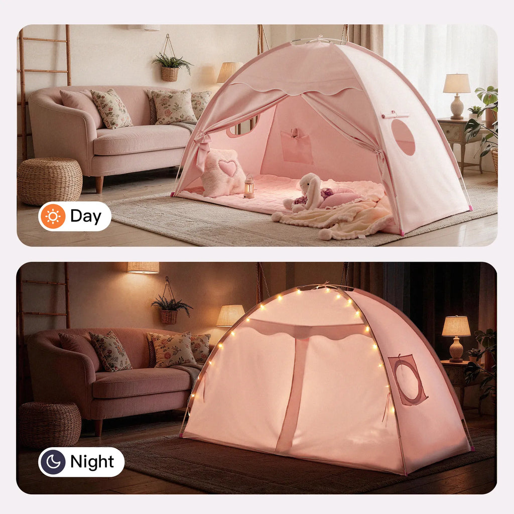 Pink kids bed tent shown day and night with glowing star string lights