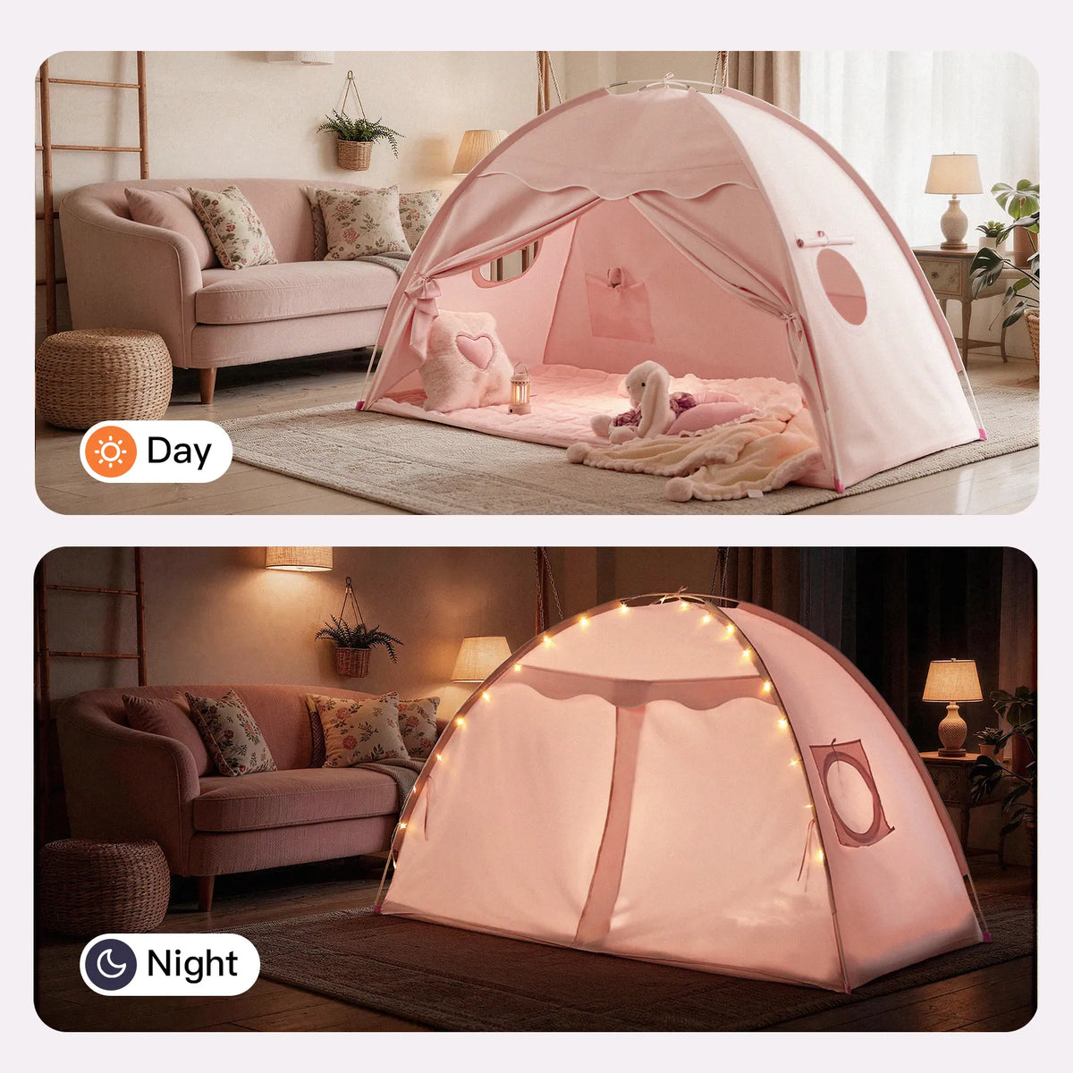 Pink kids bed tent shown day and night with glowing star string lights