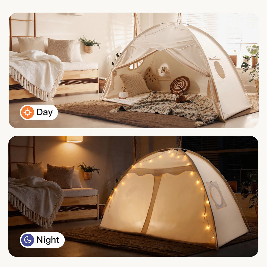 Tiny Land® kids bed tent with dome shape and star string lights, open doorway