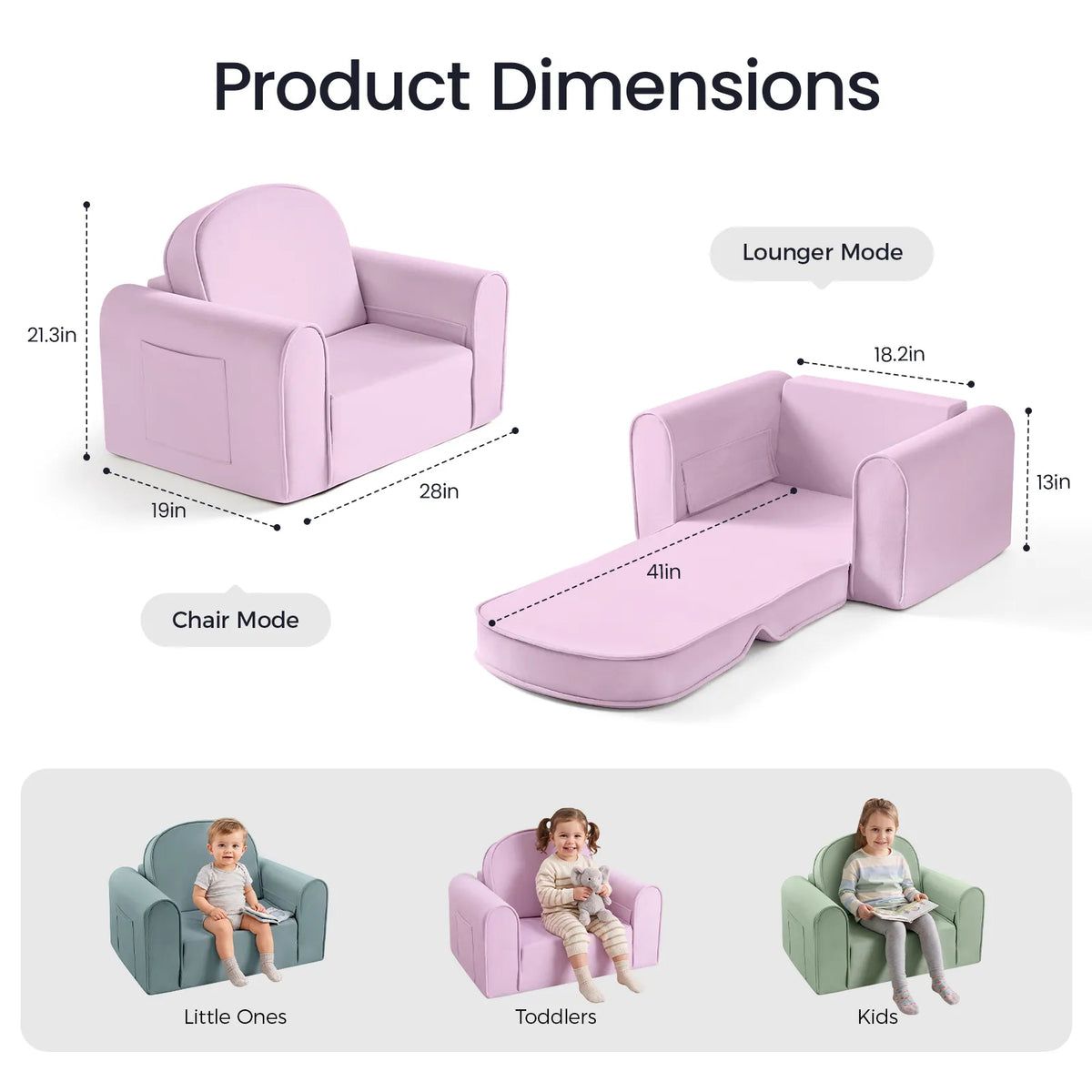 Kids sofa chair in light purple fabric with rounded arms and back