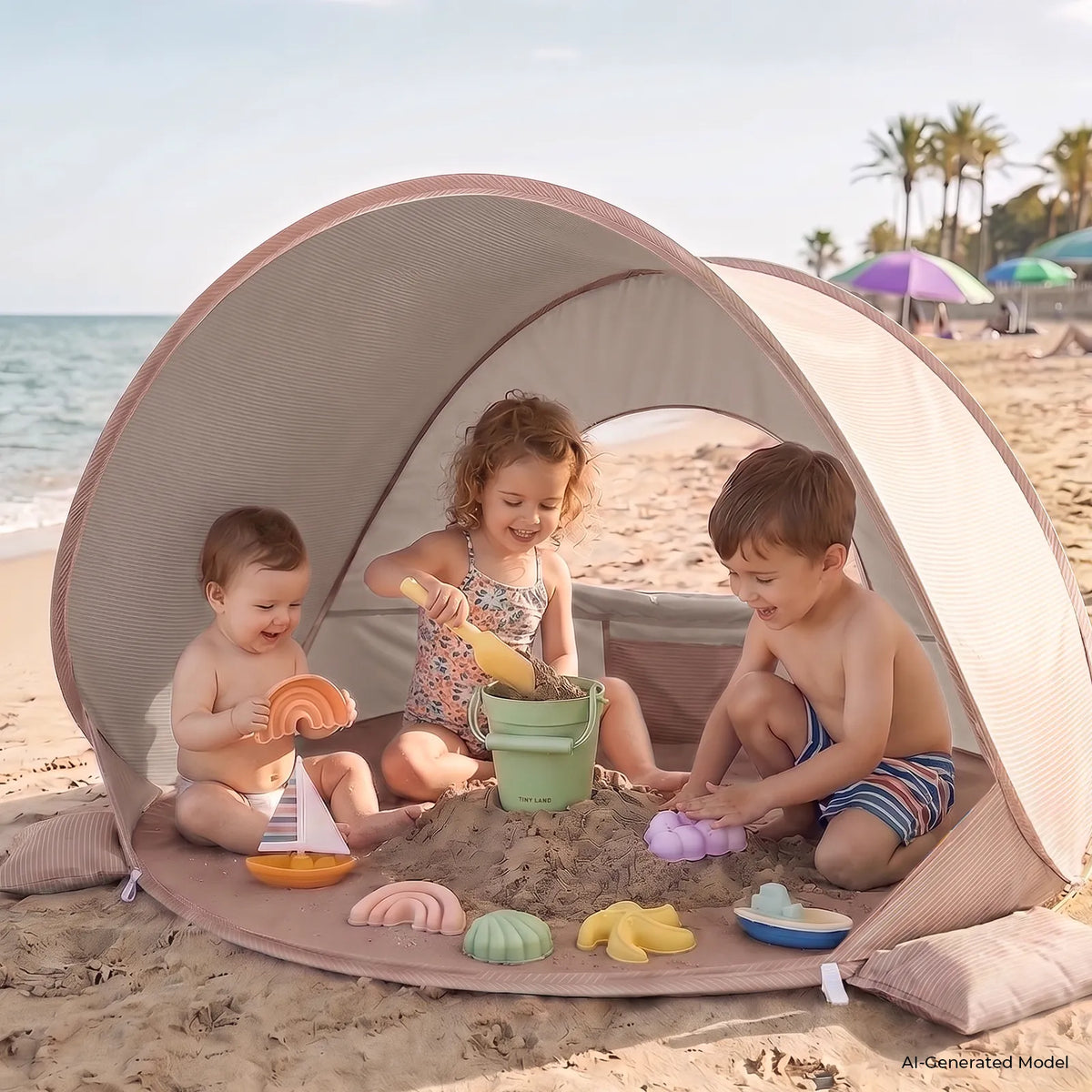 Pink and beige 3-in-1 baby beach tent with open front play space