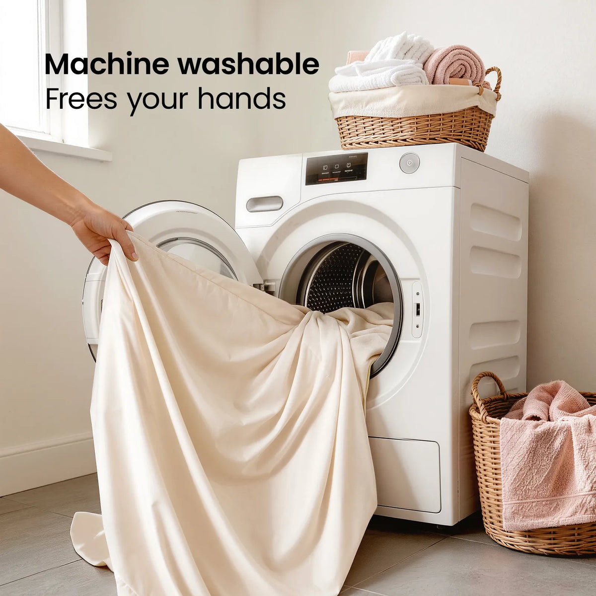 Tiny Land® kids bed tent cover being placed in a washing machine, cream fabric