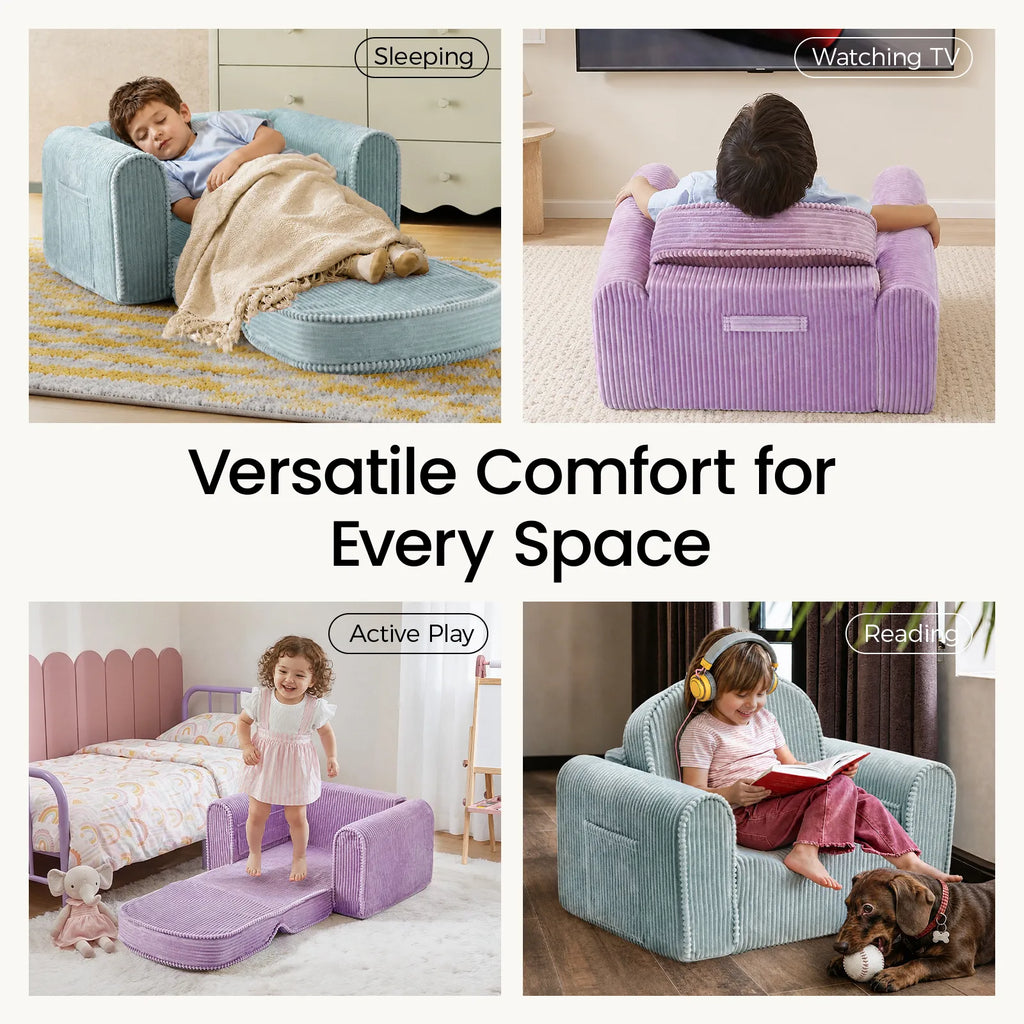 Two corduroy kids sofas, soft teal and purple, each with rounded arms and low profile