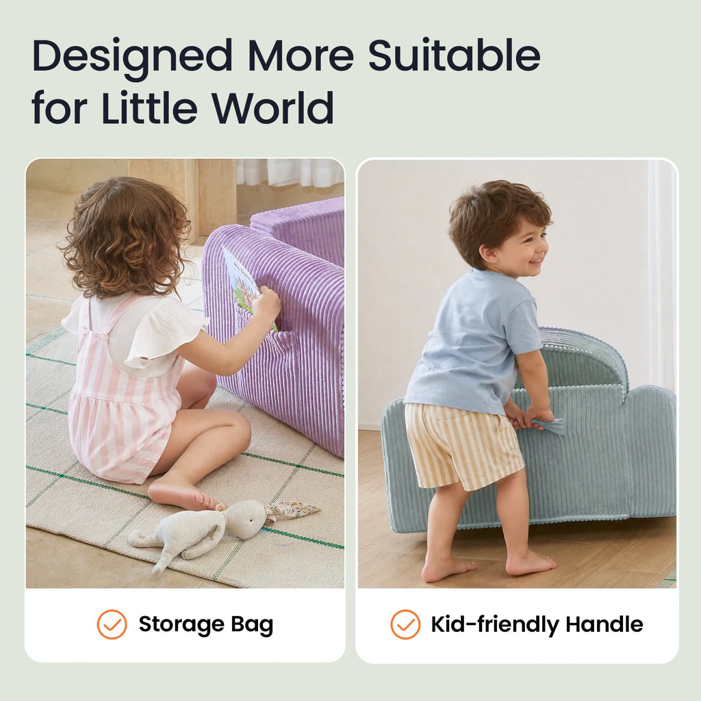 Purple and teal corduroy kids sofa set with children playing and carrying with a handle