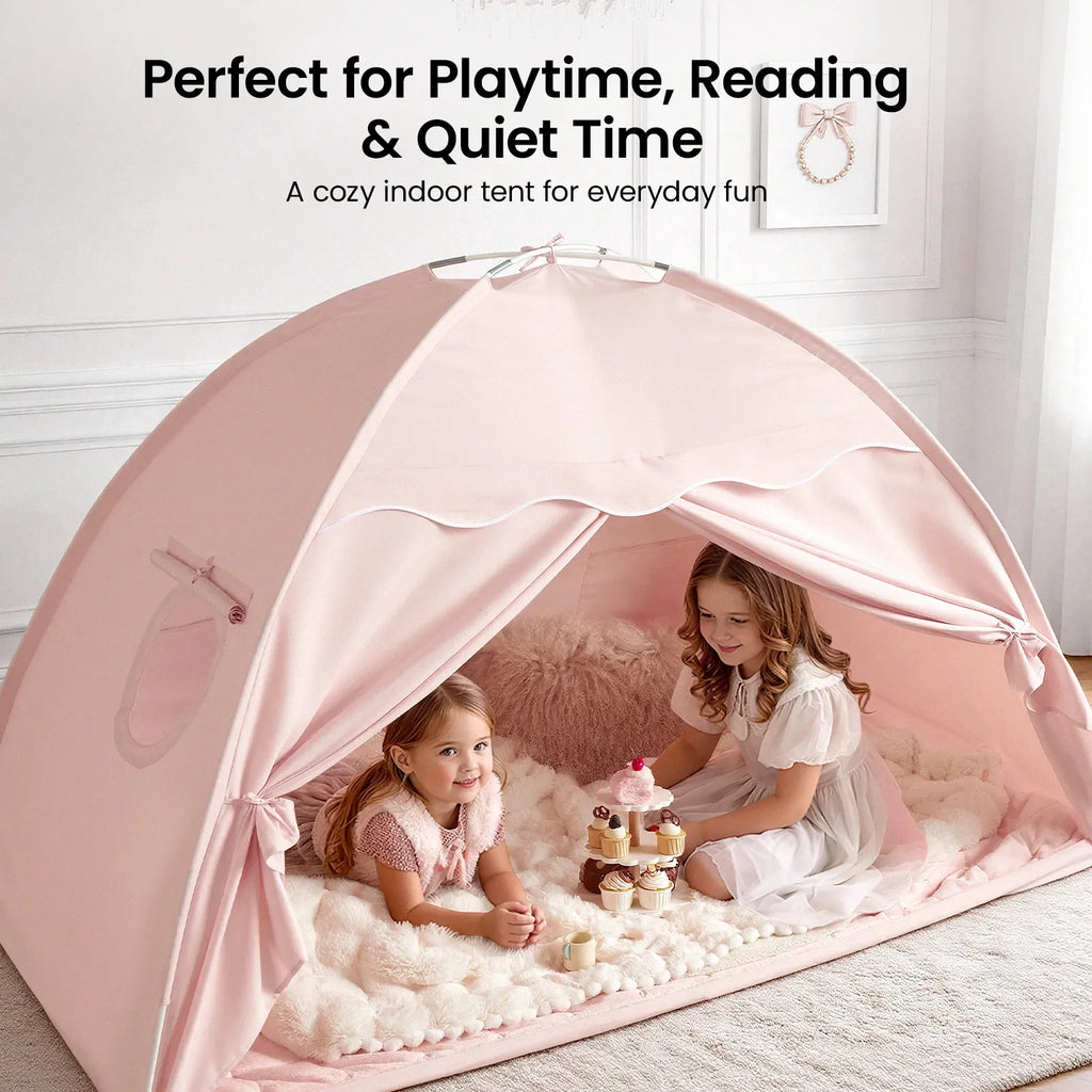 Pink kids bed tent with arched roof and mesh window openings