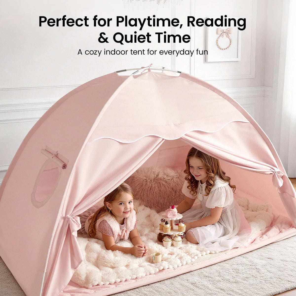 Pink kids bed tent with arched roof and mesh window openings