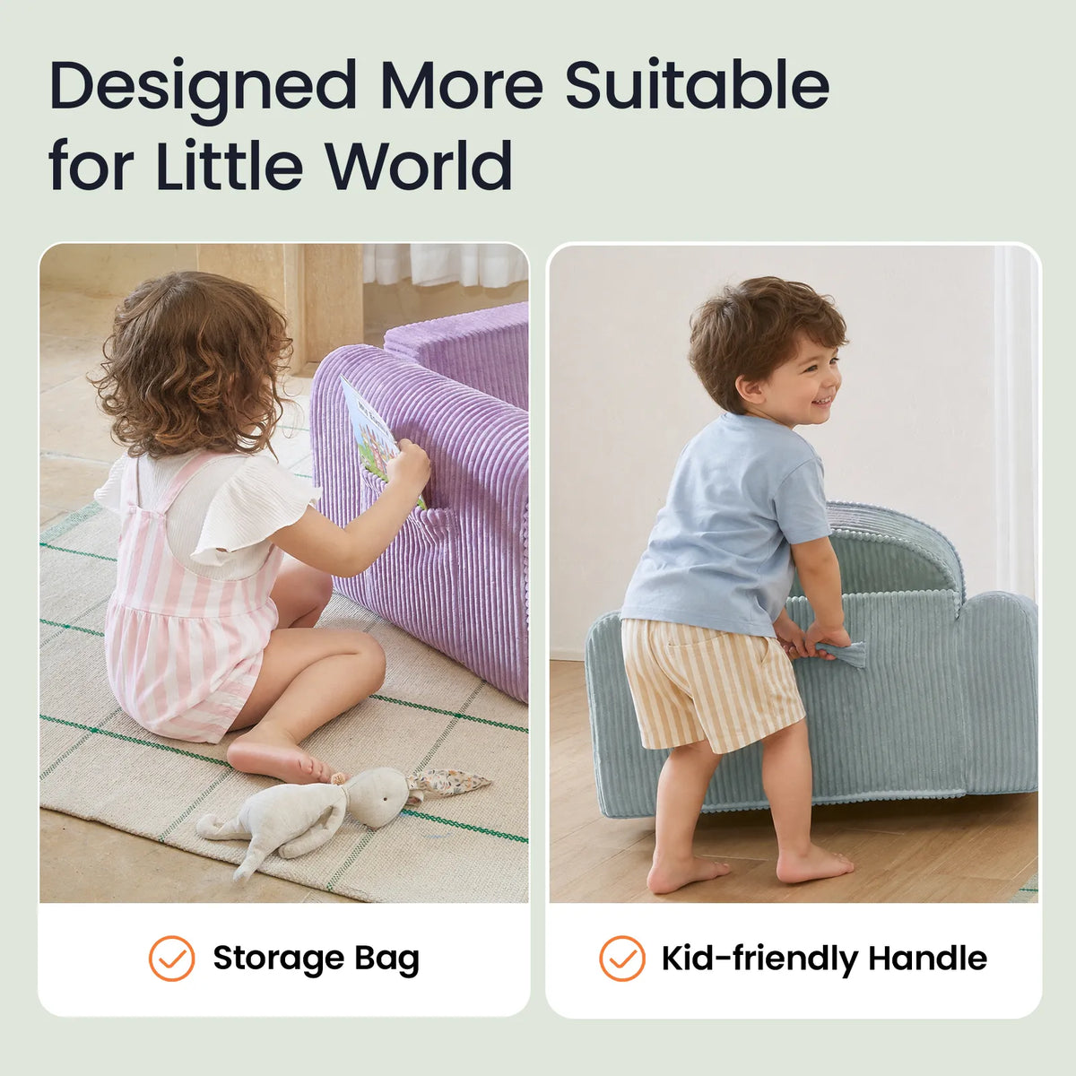 Purple corduroy kids sofa with rounded arms and built-in storage bag and handle