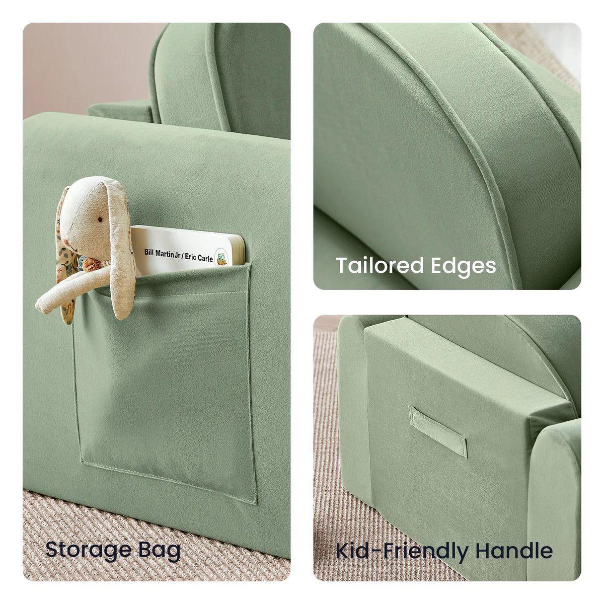 Light green kids sofa chair with storage pocket and tailored stitched edges