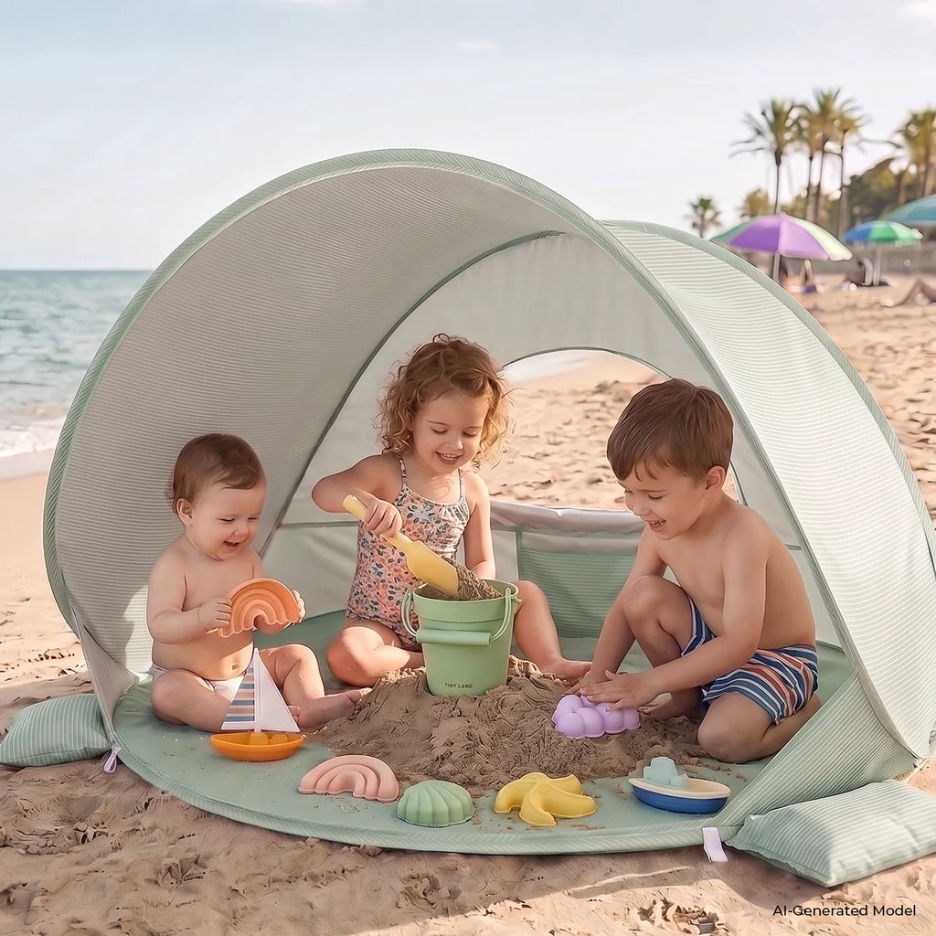 Light green 3-in-1 baby beach tent with kids playing inside