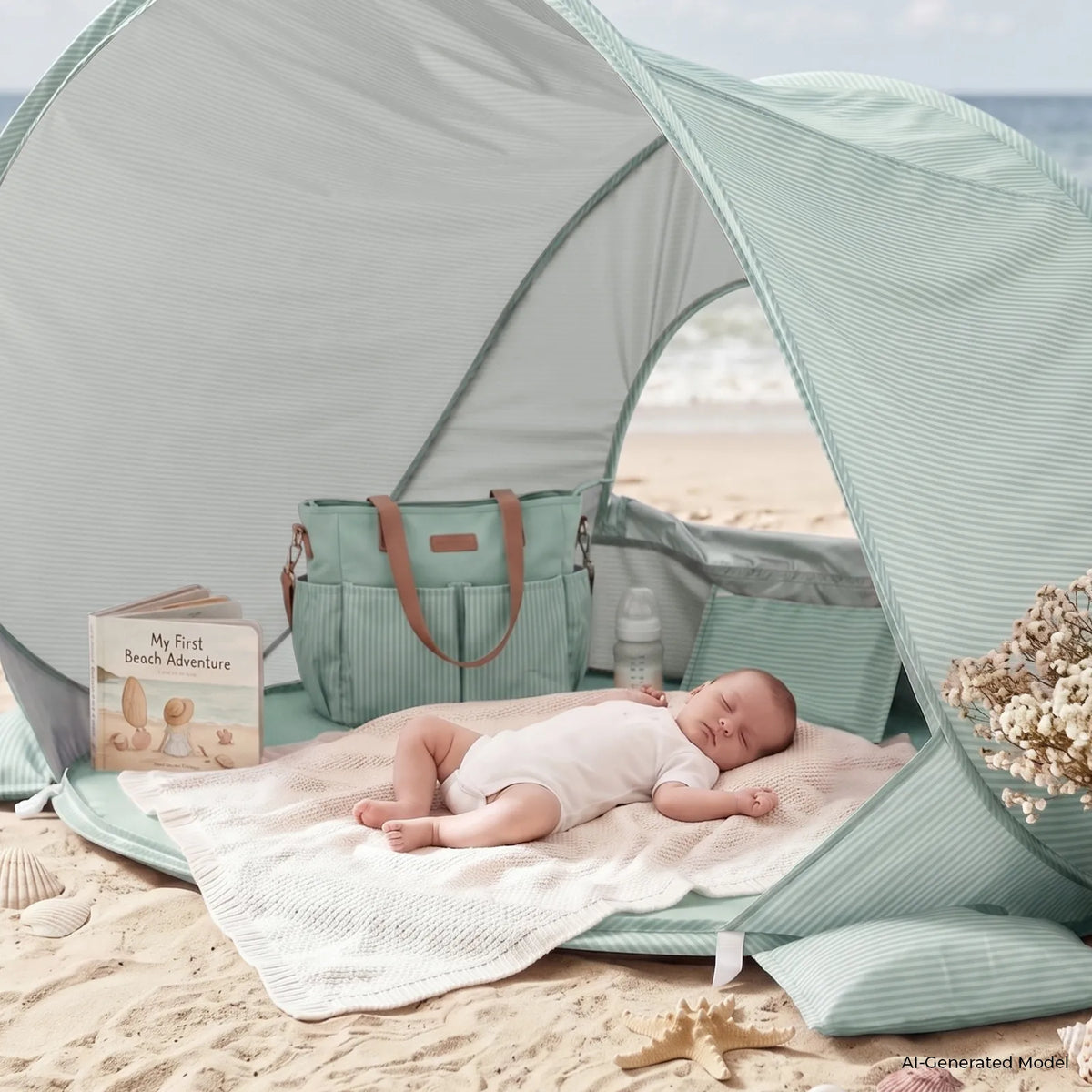 Green striped baby beach tent with zippered open entrance and carry accessories inside
