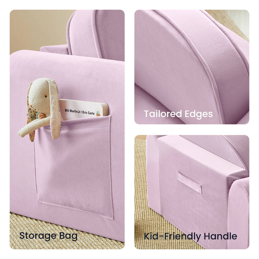 Light purple kids sofa chair with storage pocket and kid-friendly carry handle