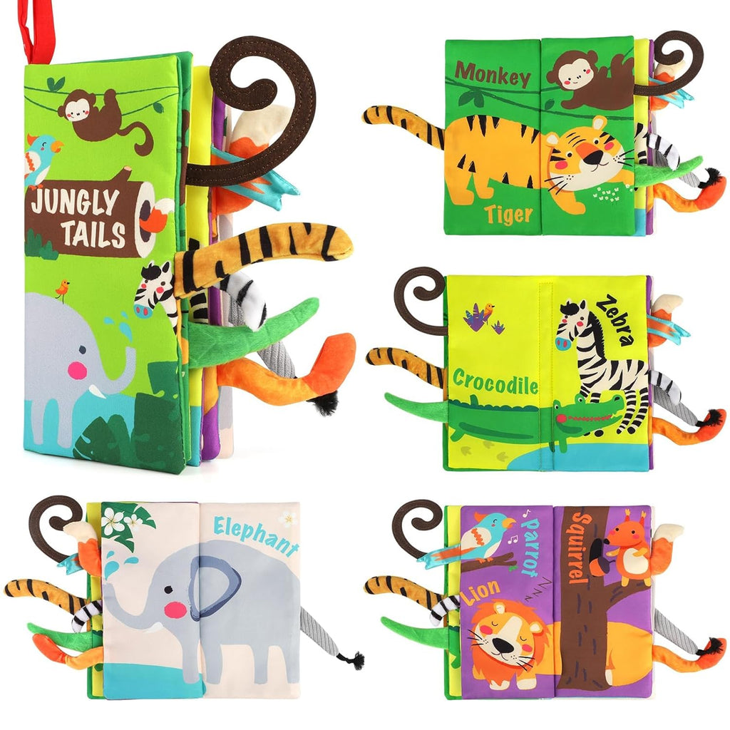 Set of animal tail touch-and-feel fabric books with monkey, tiger, zebra, crocodile and elephant