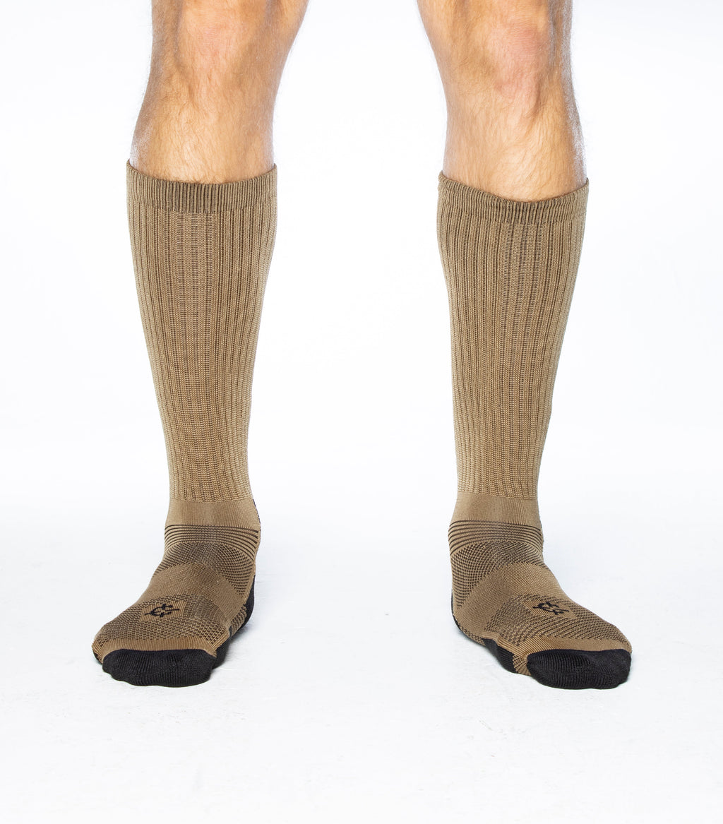 Coyote brown crew sock pair with black cushioned toe and mesh midfoot