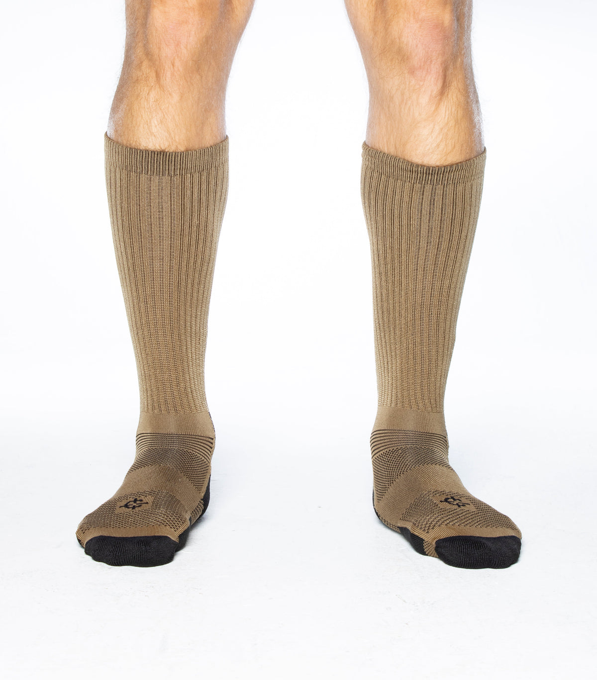Coyote brown crew sock pair with black cushioned toe and mesh midfoot