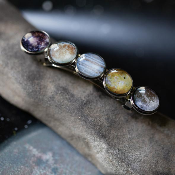 Silver moon hair clip barrette with five oval gemstone-like discs
