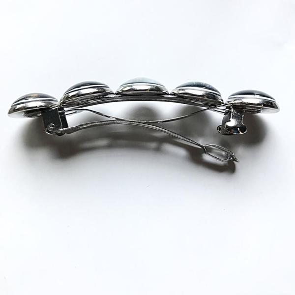 Silver moon hair clip barrette back with curved spring clip and five oval ends