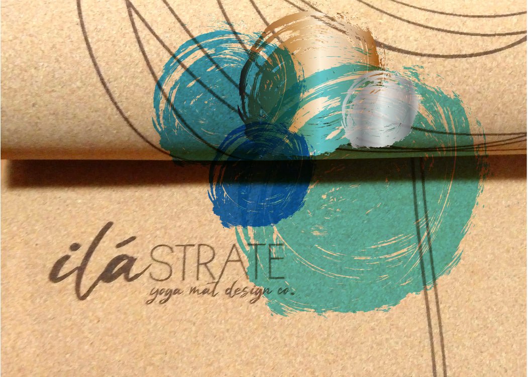 Cork travel yoga mat with teal chakra-style circular graphic