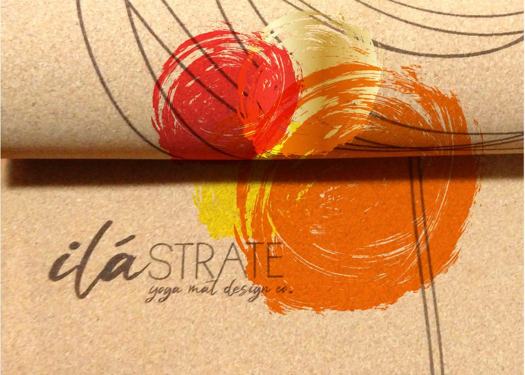 Cork travel yoga mat with abstract red, orange, and yellow circle design