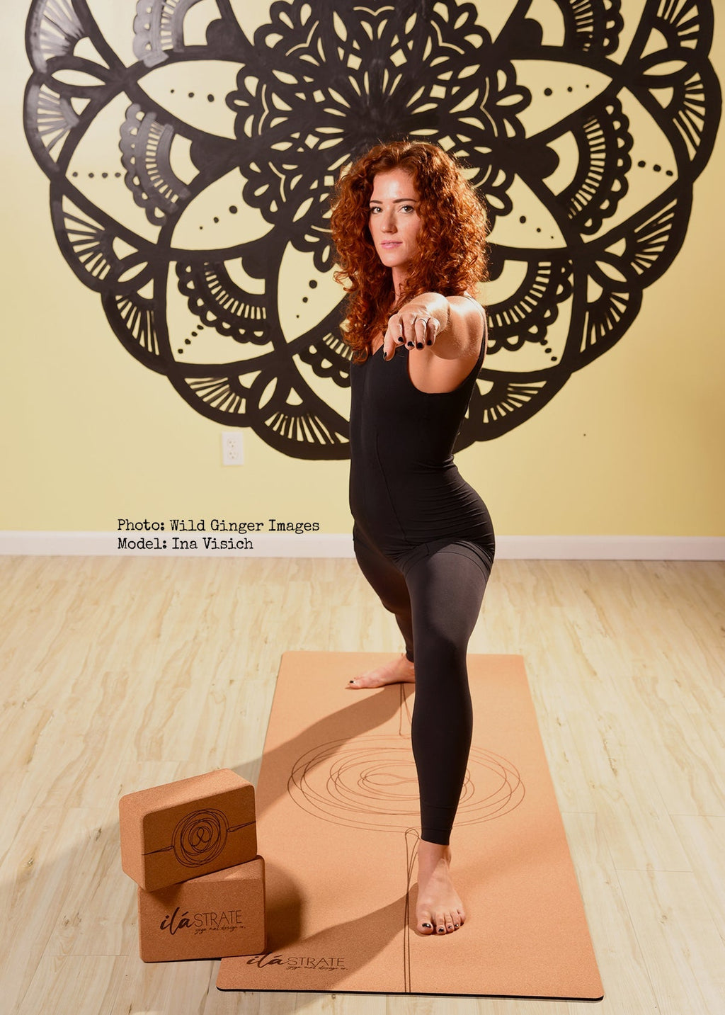 Cork travel yoga mat with alignment circles and two cork yoga blocks