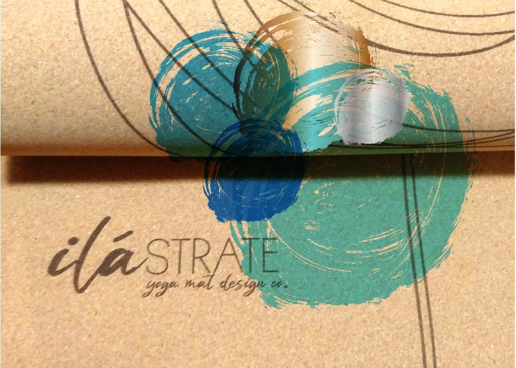 Cork yoga block with teal and blue abstract artwork and printed brand logo