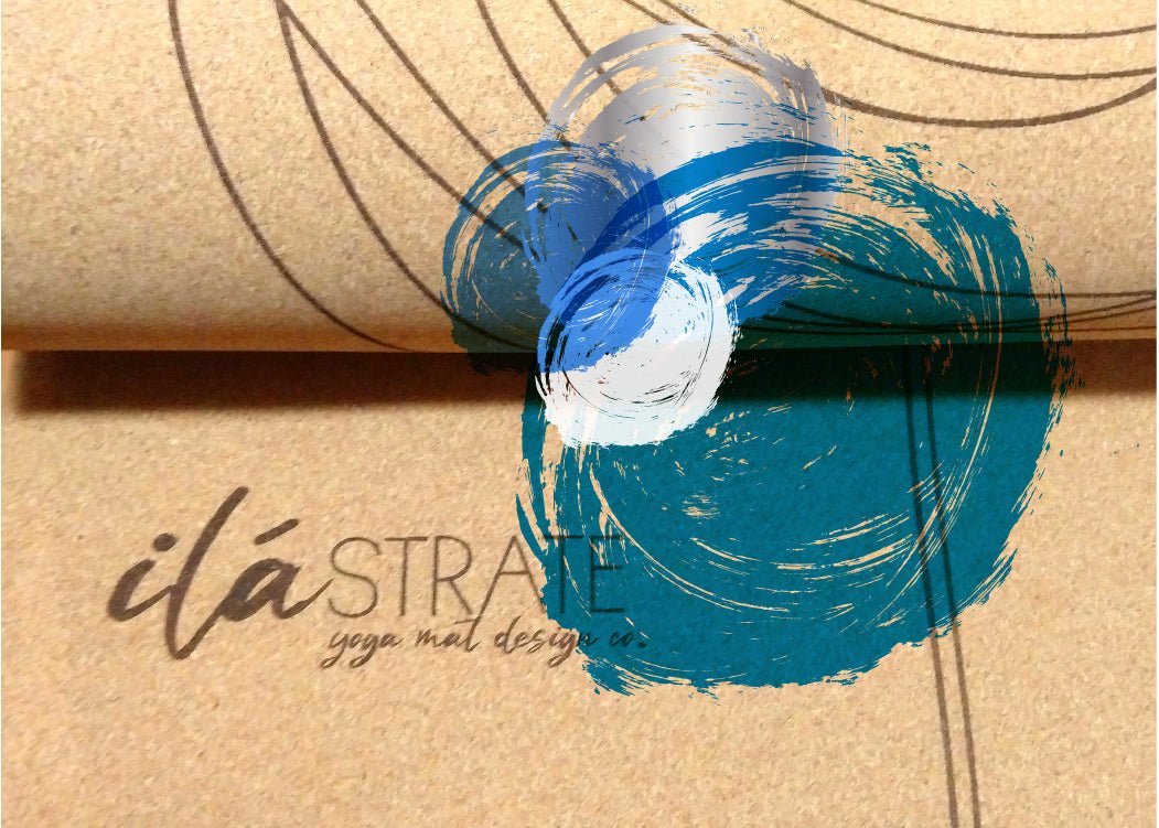 Cork yoga block detail with blue circular artwork and printed branding