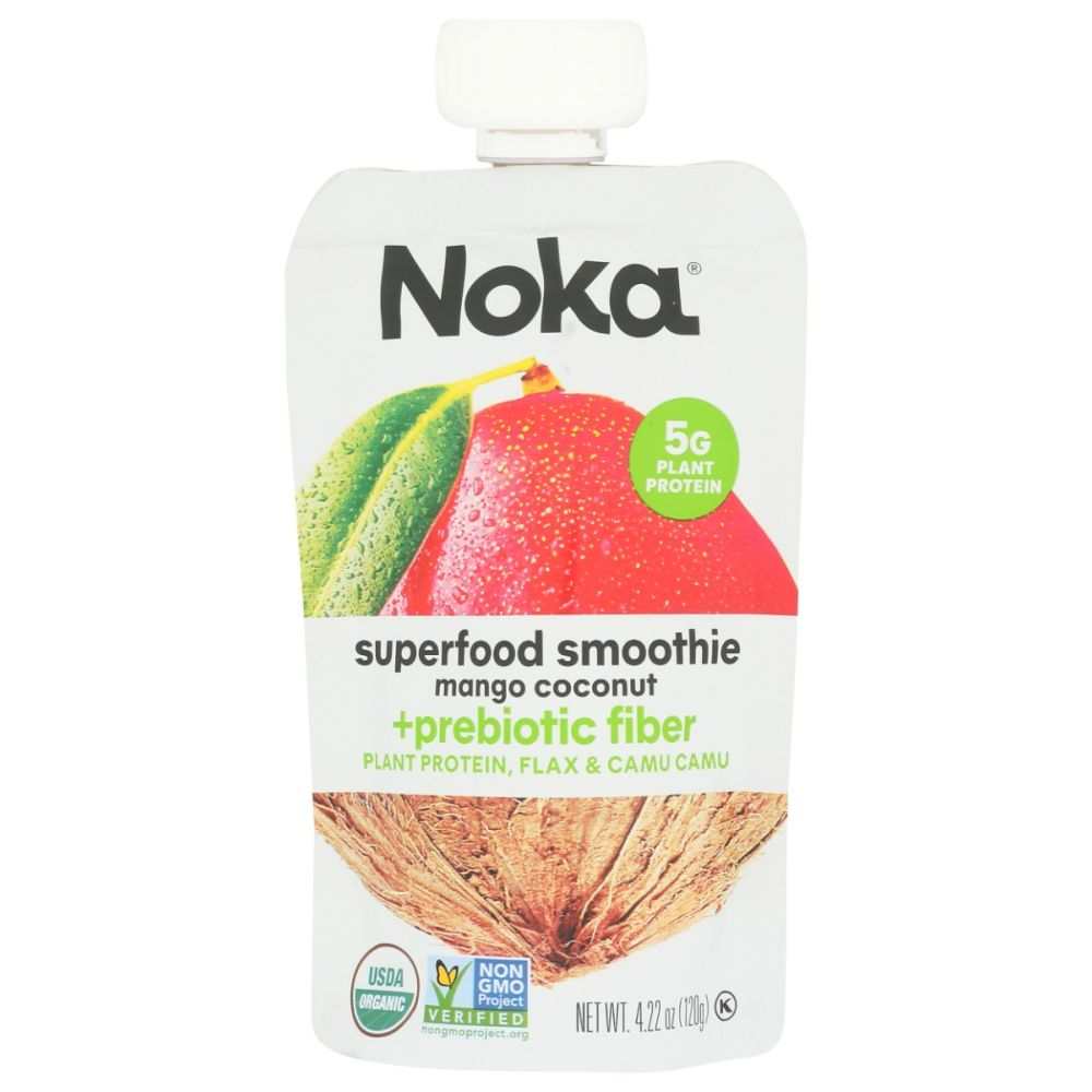 Superfood smoothie pouch with mango coconut label, 5g plant protein and fiber