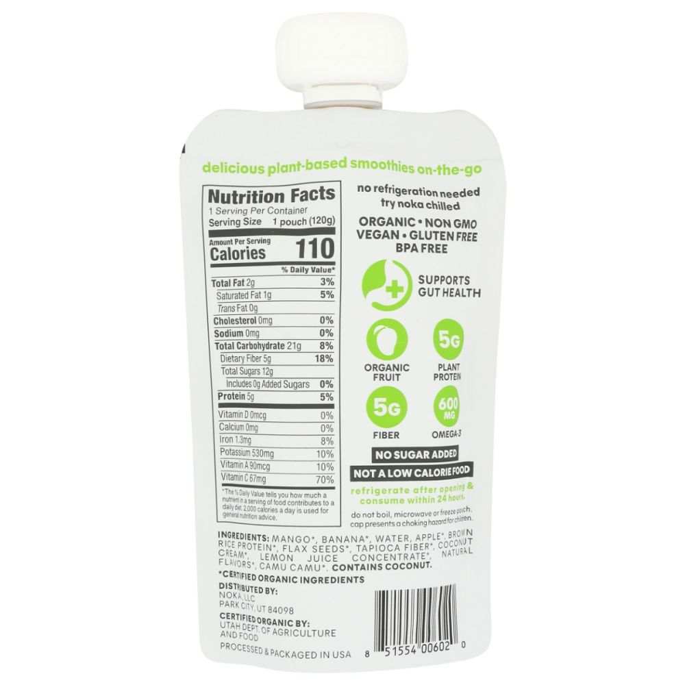 Superfood smoothie pouch nutrition facts panel with calories and daily values