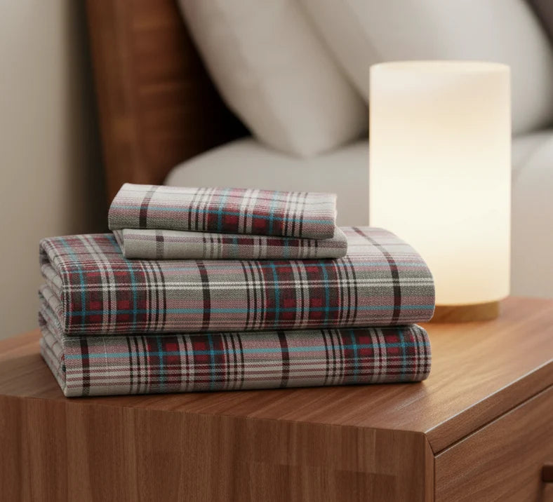 Plaid full sheet set in gray, blue, and red tartan, folded