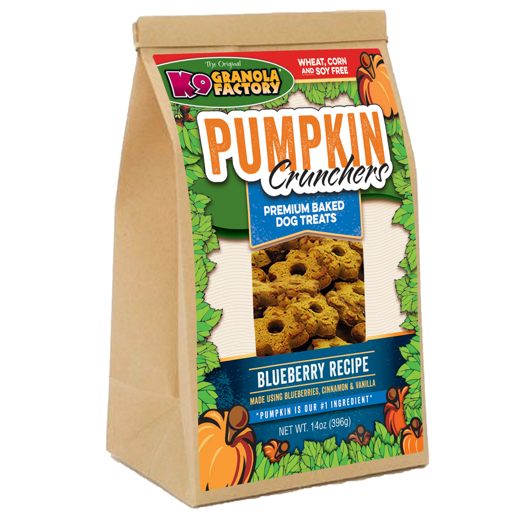 K9 Granola Factory Pumpkin Crunchers dog treat bag, Blueberry recipe, 14 oz