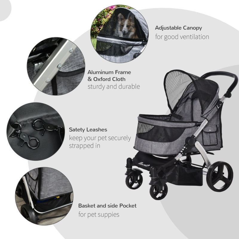 Pet stroller with ventilated canopy, safety leashes, and side pocket details.