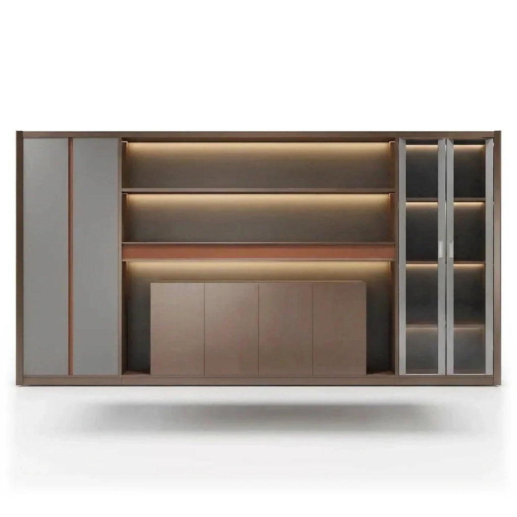 Office wall shelves with warm LED lighting, storage cabinets, and glass side compartments