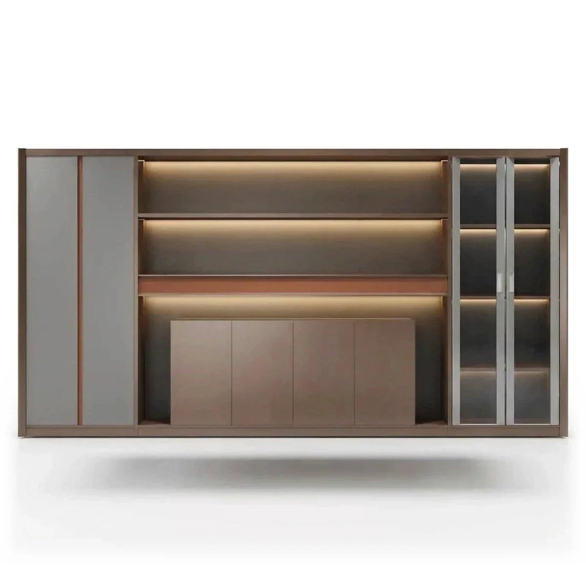 Office wall shelves with warm LED lighting, storage cabinets, and glass side compartments