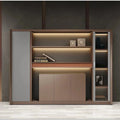 LED-lit office shelves with cabinet storage and glass-door side shelving in brown and gray