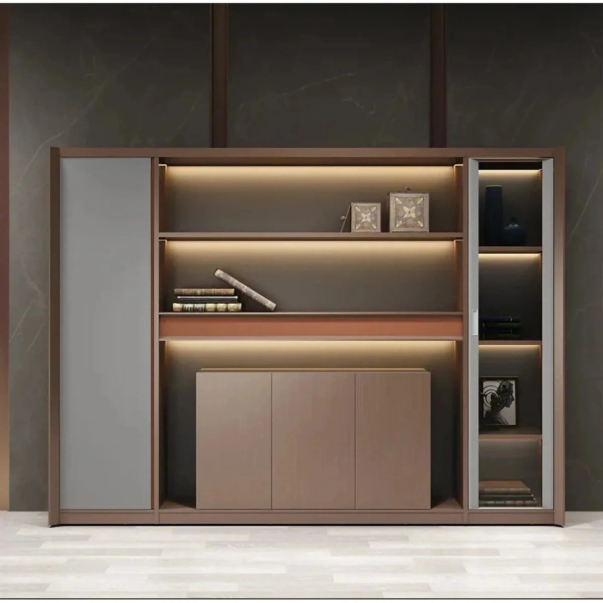 LED-lit office shelves with cabinet storage and glass-door side shelving in brown and gray