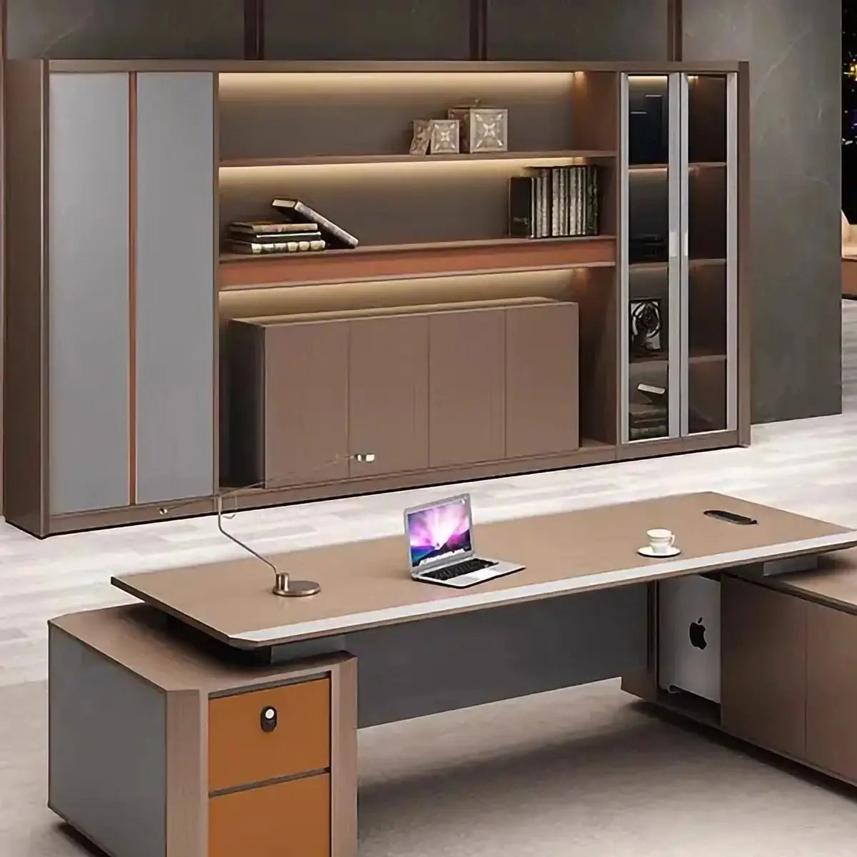 Office wall shelving unit with LED-lit shelves, cabinet doors, and glass storage side