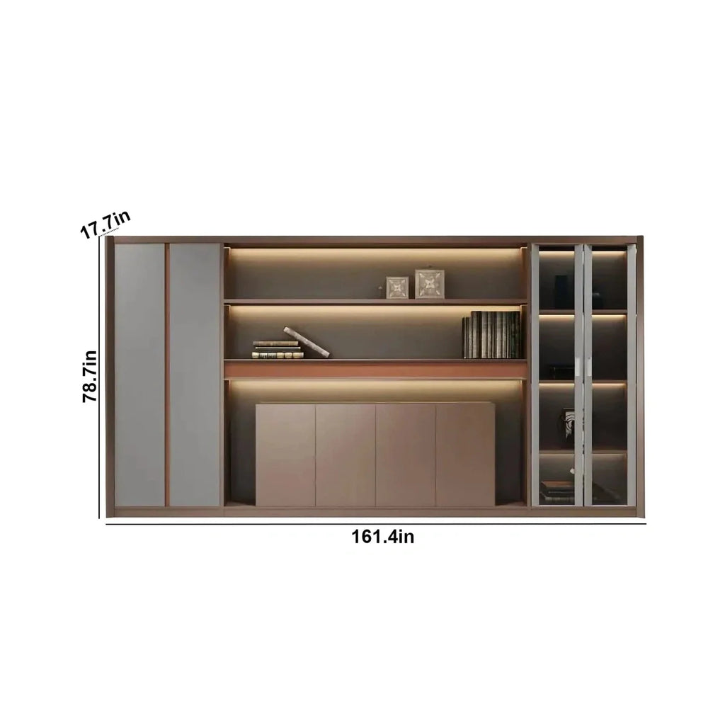 Office shelving unit with built-in lighting and storage, brown and gray, open shelves