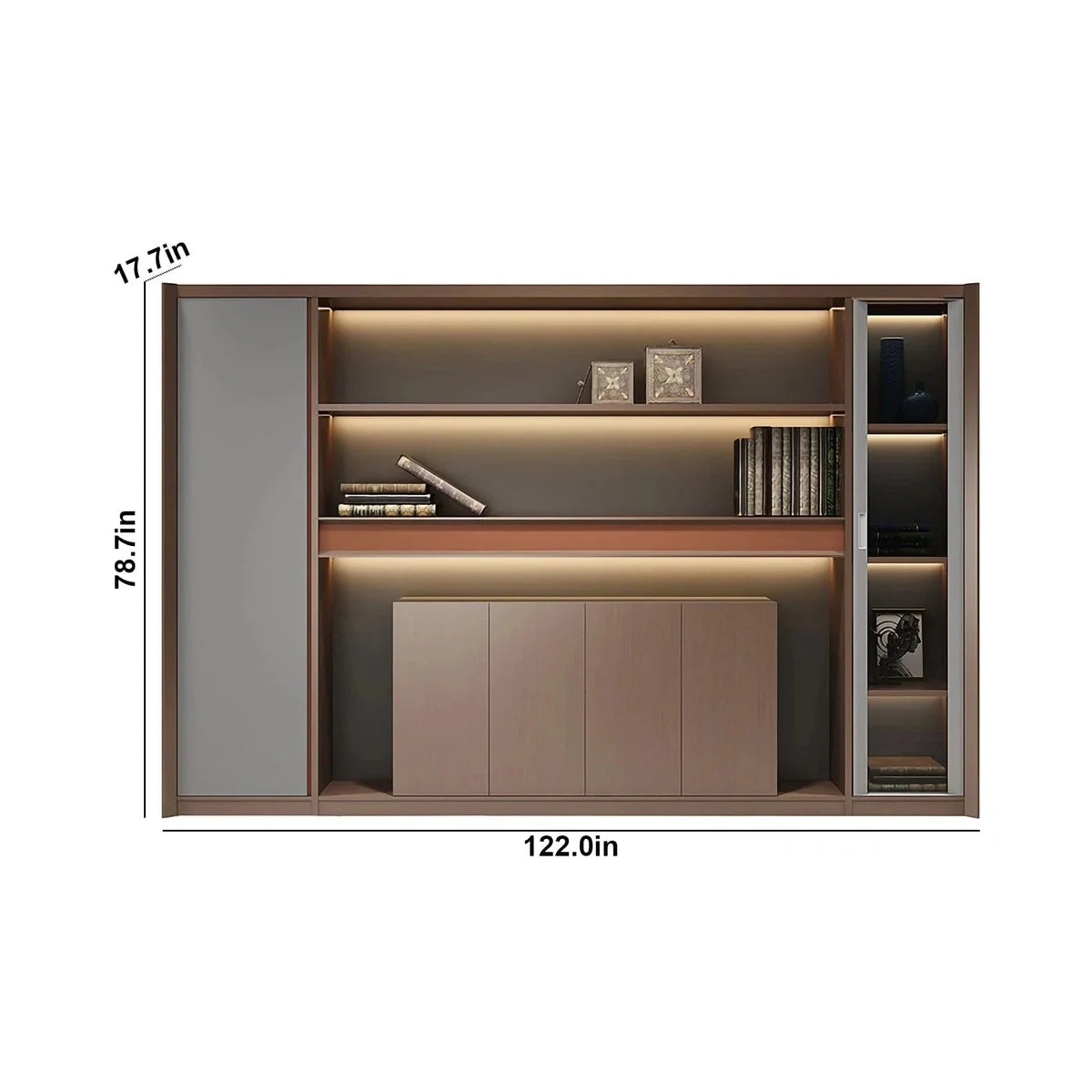 Large office storage shelves with warm LED strip lighting and glass-door shelving side