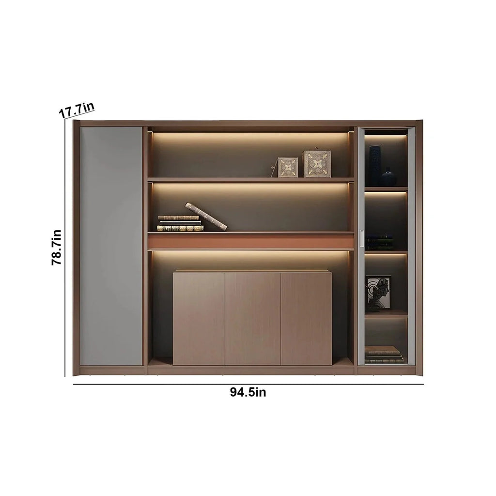 Office wall shelf unit with warm LED lighting, cabinet doors, and tall glass side compartment