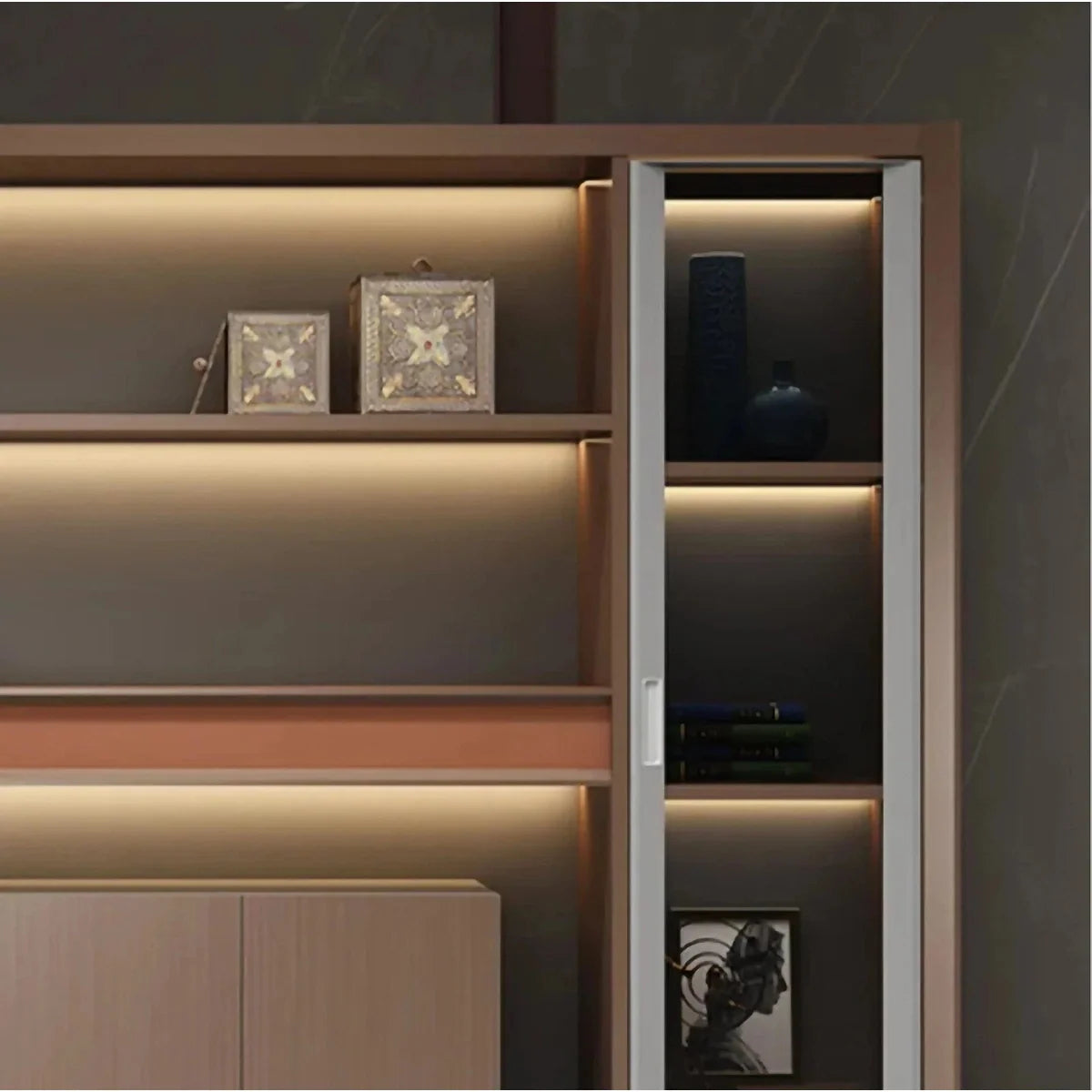Close-up of LED-lit shelves and glass-door storage section on office cabinet unit