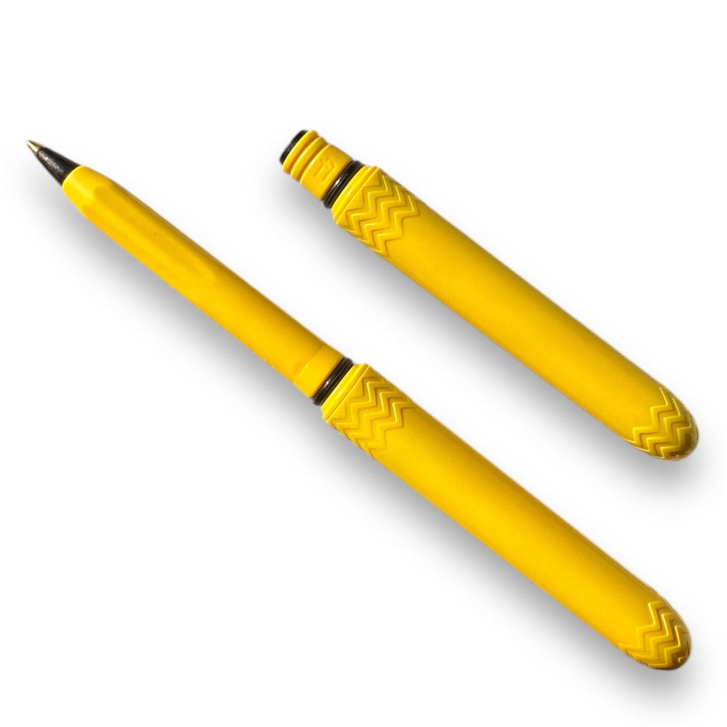 Yellow pocket pen set with black tips and zigzag-textured grip sleeves.