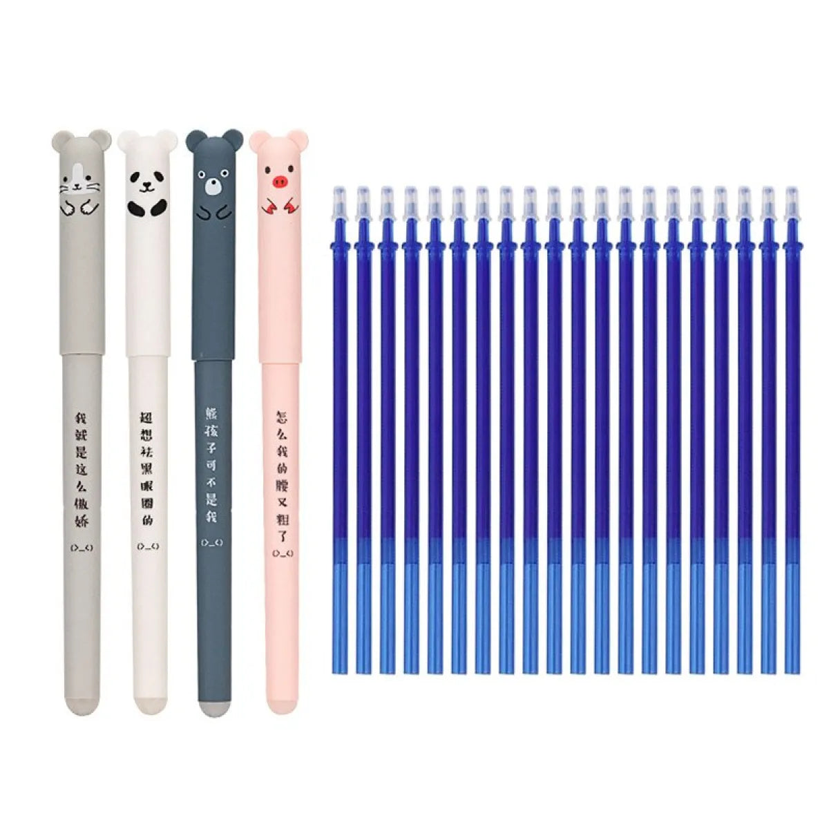 Animal gel pen set with four pens and blue refill cartridges