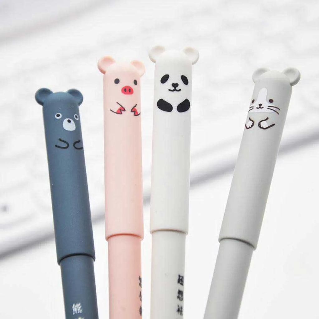 Set of four animal gel pens with bear, pig, and cat faces in pastel colors