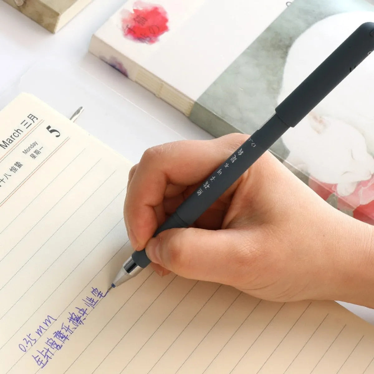 Dark blue animal gel pen writing on lined notebook paper