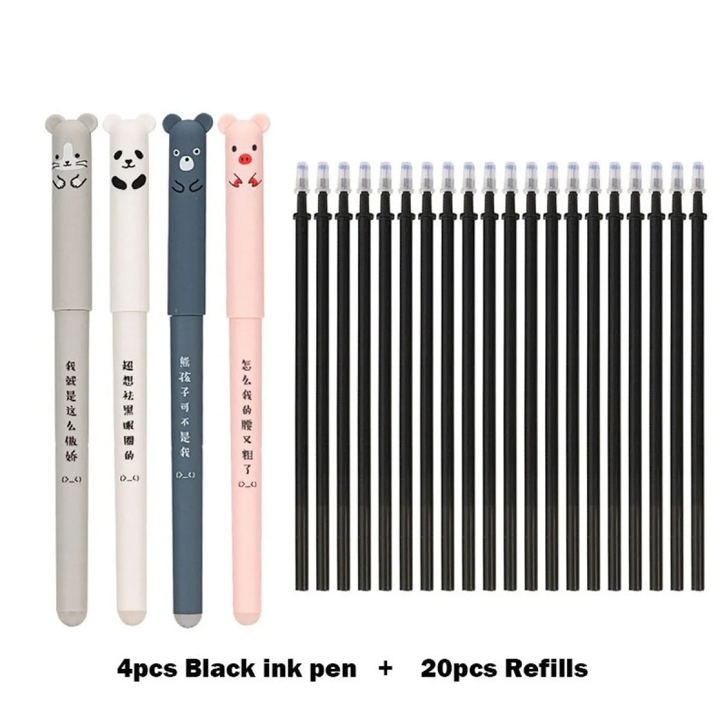 Animal gel pen set with four black pens and 20 black refill sticks
